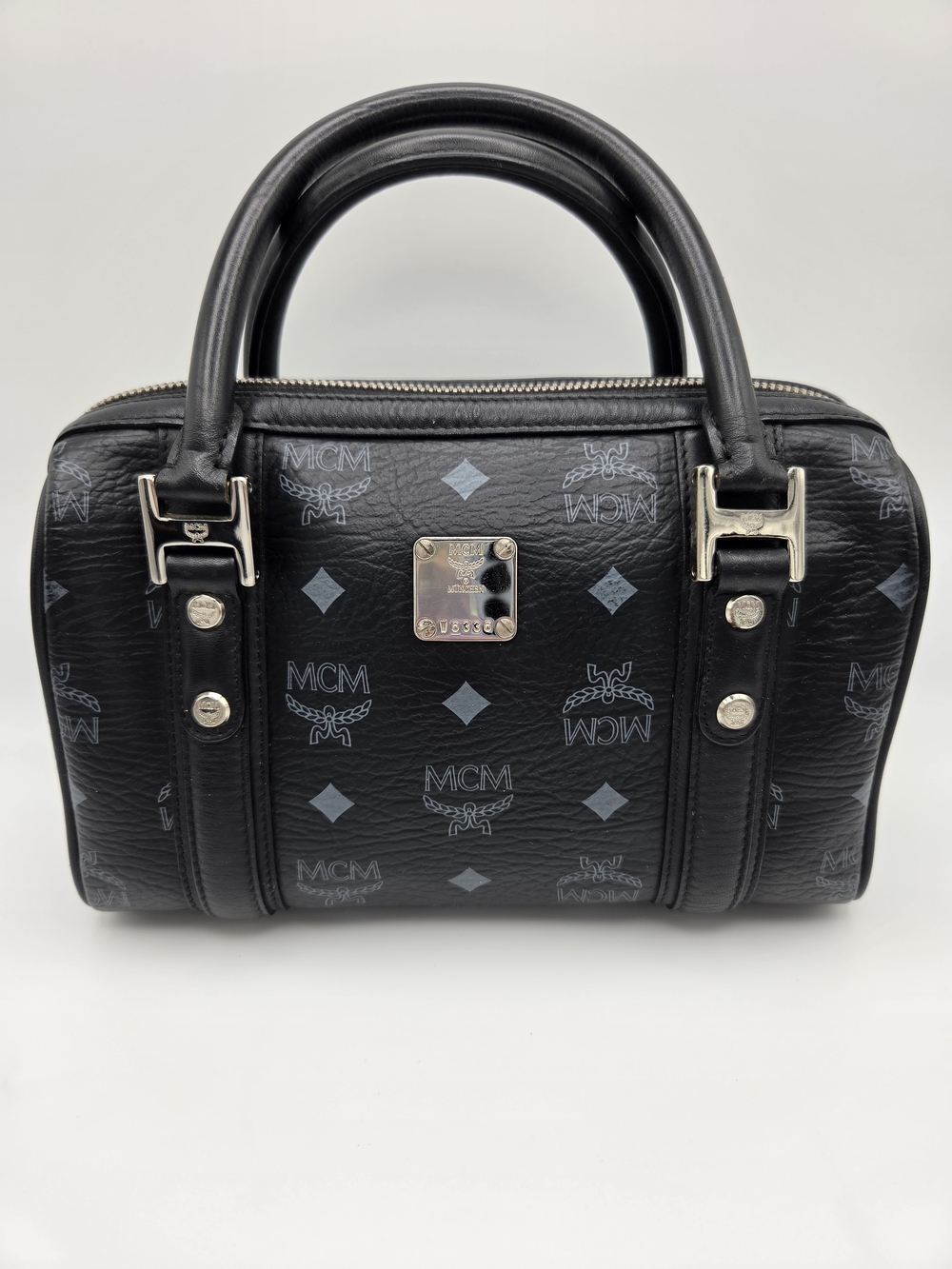 Authentic MCM Black Visetos Leather Mini Boston Bag